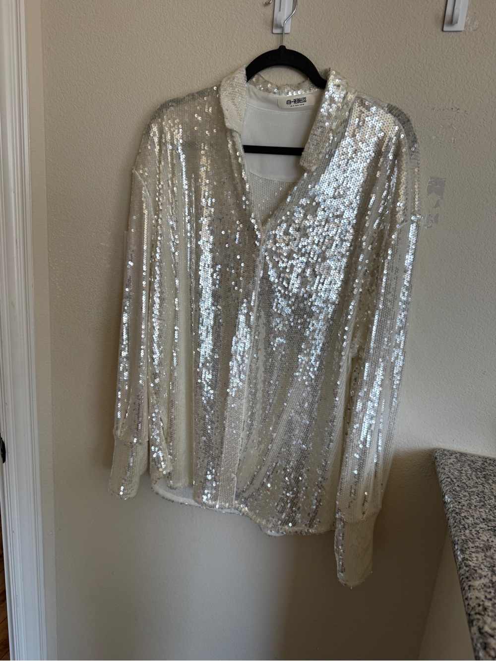 Sequin V-Neck Long Sleeve Top - Silver